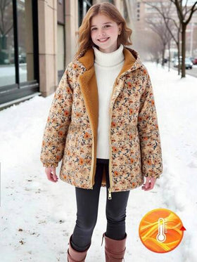 SHEIN Vintaside Kids 1 قطعة هودي مبطن بالحرارة مزخرف بالأزهار الرجعي للفتيات الصغيرات موديل 2025 الجديد، مع خصر مطاطي، ملابس خارجية سميكة دافئة متعددة الاستخدامات