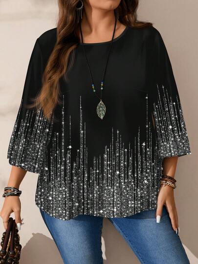 EMERY ROSE ملابس علوية نسائية كاجوال بأكمام ثلاثة أرباع وياقة دائرية فضفاضة مطبوعة بالكامل، مناسبة للخريف/الشتاء، ملابس علوية مرصعة بالترتر، ملابس علوية لامعة، بلوزات أنيقة للنساء، بلوزات نسائية أنيقة، مناسبة لرأس السنة الجديدة، ملابس علوية صيفي، ملابس عل