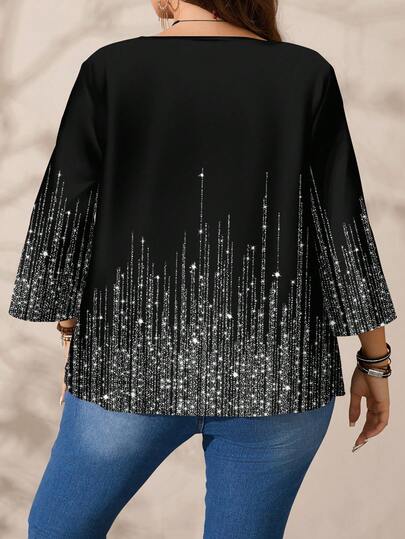 EMERY ROSE ملابس علوية نسائية كاجوال بأكمام ثلاثة أرباع وياقة دائرية فضفاضة مطبوعة بالكامل، مناسبة للخريف/الشتاء، ملابس علوية مرصعة بالترتر، ملابس علوية لامعة، بلوزات أنيقة للنساء، بلوزات نسائية أنيقة، مناسبة لرأس السنة الجديدة، ملابس علوية صيفي، ملابس عل