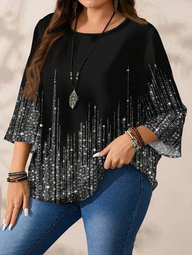 EMERY ROSE ملابس علوية نسائية كاجوال بأكمام ثلاثة أرباع وياقة دائرية فضفاضة مطبوعة بالكامل، مناسبة للخريف/الشتاء، ملابس علوية مرصعة بالترتر، ملابس علوية لامعة، بلوزات أنيقة للنساء، بلوزات نسائية أنيقة، مناسبة لرأس السنة الجديدة، ملابس علوية صيفي، ملابس عل