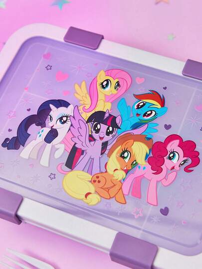 My Little Pony X SHEIN صندوق بنتو ب- 6 أقسام، صندوق فاكهة، صندوق وجبات خفيفة، صندوق نزهة، محكم الإغلاق، قابل لإعادة الاستخدام، مع ملعقة وشوكة، 1500 مل