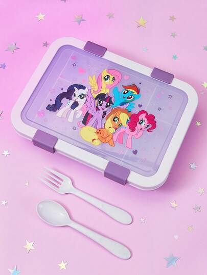 My Little Pony X SHEIN صندوق بنتو ب- 6 أقسام، صندوق فاكهة، صندوق وجبات خفيفة، صندوق نزهة، محكم الإغلاق، قابل لإعادة الاستخدام، مع ملعقة وشوكة، 1500 مل