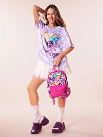 My Little Pony X SHEIN حقيبة ظهر بطباعة كرتونية، قابلة للتعديل، حقيبة رياضية، حقيبة كاجوال، حقيبة قماشية، حقيبة مدرسية، حقيبة سفر، للبنات، للأولاد، للمراهقين، للنساء، للرجال، تواي لايت سبارك، رينبو داش، أبل جاك، رارتي، فلاتيرشاي، بينكي باي.