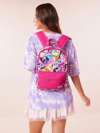My Little Pony X SHEIN حقيبة ظهر بطباعة كرتونية، قابلة للتعديل، حقيبة رياضية، حقيبة كاجوال، حقيبة قماشية، حقيبة مدرسية، حقيبة سفر، للبنات، للأولاد، للمراهقين، للنساء، للرجال، تواي لايت سبارك، رينبو داش، أبل جاك، رارتي، فلاتيرشاي، بينكي باي.