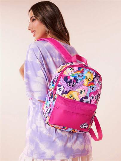 My Little Pony X SHEIN حقيبة ظهر بطباعة كرتونية، قابلة للتعديل، حقيبة رياضية، حقيبة كاجوال، حقيبة قماشية، حقيبة مدرسية، حقيبة سفر، للبنات، للأولاد، للمراهقين، للنساء، للرجال، تواي لايت سبارك، رينبو داش، أبل جاك، رارتي، فلاتيرشاي، بينكي باي.