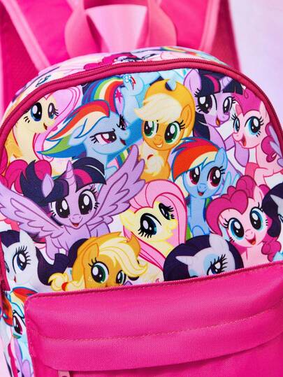 My Little Pony X SHEIN حقيبة ظهر بطباعة كرتونية، قابلة للتعديل، حقيبة رياضية، حقيبة كاجوال، حقيبة قماشية، حقيبة مدرسية، حقيبة سفر، للبنات، للأولاد، للمراهقين، للنساء، للرجال، تواي لايت سبارك، رينبو داش، أبل جاك، رارتي، فلاتيرشاي، بينكي باي.