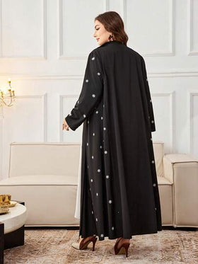 Al Najma رمضان عباءة عربية أنيقة مطرزة بتصميم قطع ملائمة للمقاسات الكبيرة، بأكمام طويلة وفضفاضة