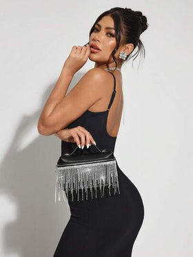 SHEIN SXY حقائب يد للسيدات، حقائب مسائية، من البولي يوريثان، مزينة بشرائط الماس والشراريب، أنيقة وفاخرة، شراريب وألماس، لامعة، مناسبة لحفلات الكوكتيل والحفلات والسهرات والنوادي والمناسبات المسائية والعشاء والحفلات الراقصة