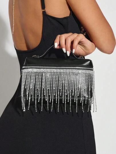 SHEIN SXY حقائب يد للسيدات، حقائب مسائية، من البولي يوريثان، مزينة بشرائط الماس والشراريب، أنيقة وفاخرة، شراريب وألماس، لامعة، مناسبة لحفلات الكوكتيل والحفلات والسهرات والنوادي والمناسبات المسائية والعشاء والحفلات الراقصة