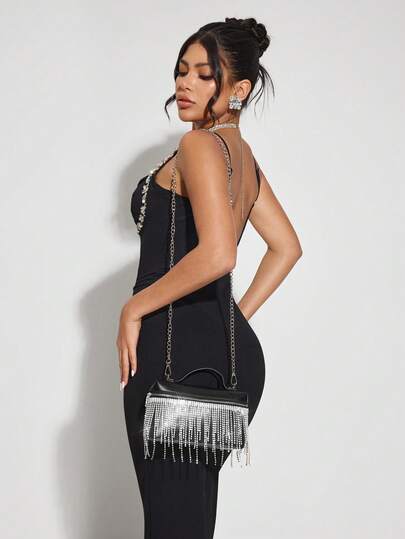 SHEIN SXY حقائب يد للسيدات، حقائب مسائية، من البولي يوريثان، مزينة بشرائط الماس والشراريب، أنيقة وفاخرة، شراريب وألماس، لامعة، مناسبة لحفلات الكوكتيل والحفلات والسهرات والنوادي والمناسبات المسائية والعشاء والحفلات الراقصة