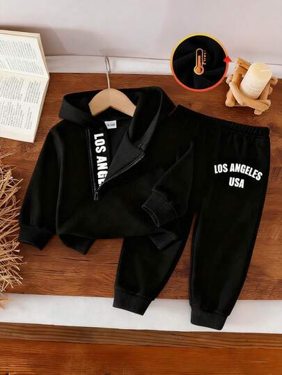 SHEIN Playful Pals مجموعة بنطلون وبلوزة هودي مطبوع عليها حروف للأطفال الصبيان، مناسبة للخروجات والملابس اليومية في فصلي الخريف والشتاء، مجموعة بلوزة رمادية للأطفال الصبيان