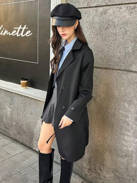 SHEIN معطف خندقي بنمط أنيق وكاجوال بياقة على الكتفين ومتوسط الطول بلون بيج للمراهقات