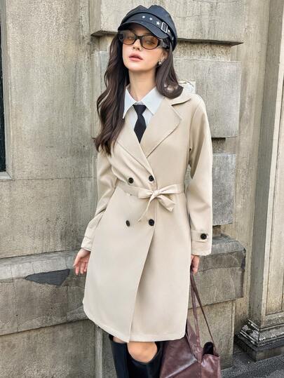 SHEIN معطف ريح أنيق متوسط الطول بياقة كاكي للمراهقات