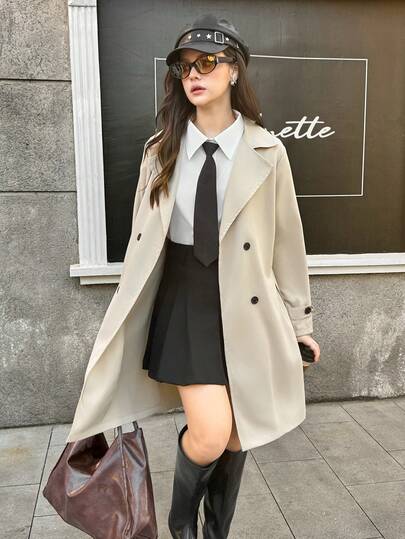 SHEIN معطف ريح أنيق متوسط الطول بياقة كاكي للمراهقات