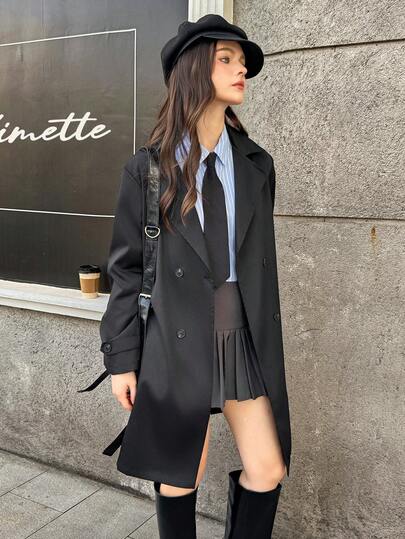SHEIN معطف خندقي بنمط أنيق وكاجوال بياقة على الكتفين ومتوسط الطول بلون بيج للمراهقات