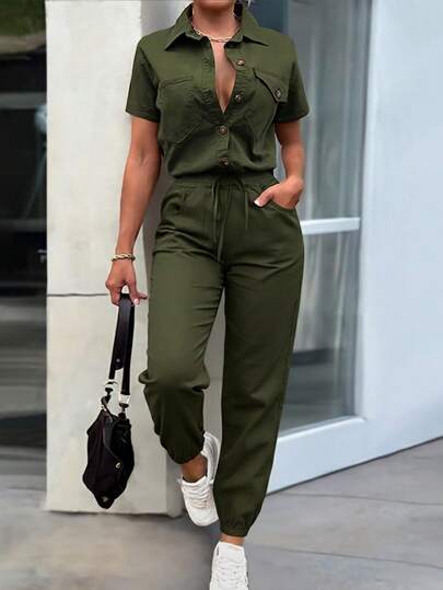 EMERY ROSE طقم للنساء بتصميم أنيق مكون من ملابس علوية فضفاضة مزينة بأزرار وبنطال هارم ملائم للجسم، مناسب لفصلي الربيع والصيف