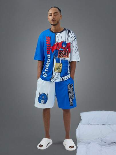Transformers X SHEIN مجموعة ملابس داخلية صيفية للرجال مكونة من تي شيرت كم قصير بطباعة روبوت ذات ألوان متباينة وشورت