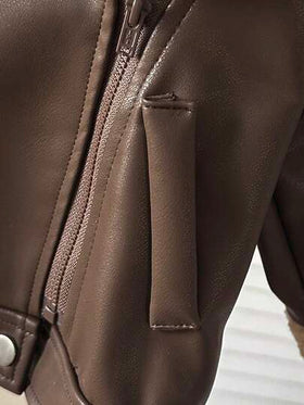 SHEIN معطف طفل ذكر كاجوال مريح بفتحة رقبة مزيفة من الجلد، أكمام طويلة، مناسب للخريف والشتاء