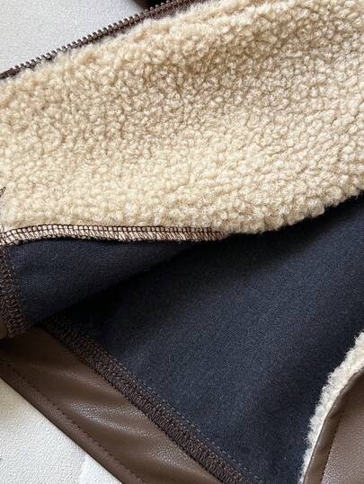 SHEIN معطف طفل ذكر كاجوال مريح بفتحة رقبة مزيفة من الجلد، أكمام طويلة، مناسب للخريف والشتاء