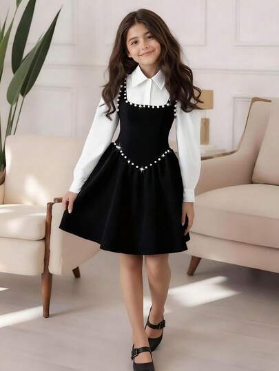 SHEIN فستان كاجوال أنيق للبنات المراهقات مزين بياقة اللؤلؤ، مناسب للتنقل والمدرسة والخروجات والتجمعات، ويمكن ارتداؤه مع معاطف وجاكيتات وسترات رياضية