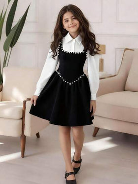 SHEIN فستان كاجوال أنيق للبنات المراهقات مزين بياقة اللؤلؤ، مناسب للتنقل والمدرسة والخروجات والتجمعات، ويمكن ارتداؤه مع معاطف وجاكيتات وسترات رياضية