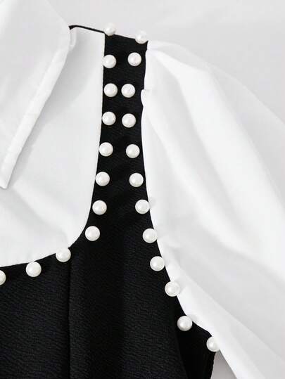 SHEIN فستان كاجوال أنيق للبنات المراهقات مزين بياقة اللؤلؤ، مناسب للتنقل والمدرسة والخروجات والتجمعات، ويمكن ارتداؤه مع معاطف وجاكيتات وسترات رياضية