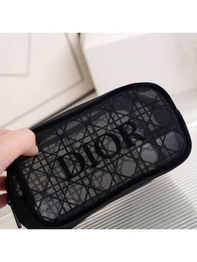 Dior حقيبة مستحضرات تجميل ذات نسيج مربع أسود راقي، حقيبة أدوات تجميل بسيطة