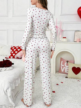 CottageSlumber طقم بيجامة بياقة على شكل V مزين بفيونكة وطباعة قلوب، أكمام طويلة، ملابس موسم الأعياد، خريف وشتاء، مريحة وأنيقة التفاصيل