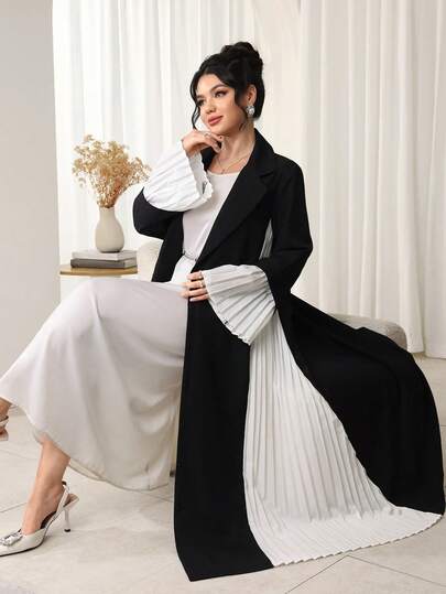 Al Najma رمضان عباءة أنيقة للنساء بأكمام واسعة مطوية وتصميم ألوان متباينة