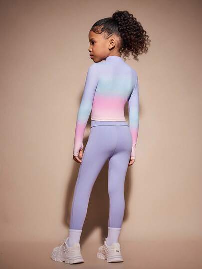 SHEIN طقم جاكيت طويلة الأكمام بألوان متدرجة وبنطال يوجا مطابق للفتيات الصغيرات، مناسب للياقة البدنية والترفيه والرياضات الخارجية، طقم ملابس رياضية عالية المطاطية