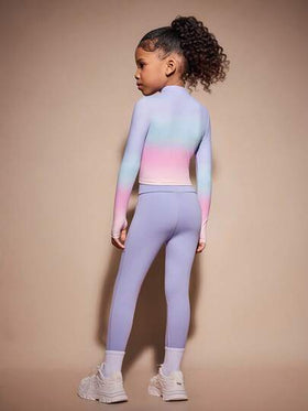 SHEIN طقم جاكيت طويلة الأكمام بألوان متدرجة وبنطال يوجا مطابق للفتيات الصغيرات، مناسب للياقة البدنية والترفيه والرياضات الخارجية، طقم ملابس رياضية عالية المطاطية