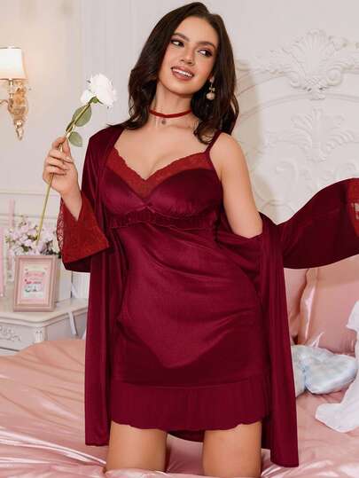 SHEIN طقم بيجامة نسائي من الدانتيل والقطيفة الرومانسي الحلو، فستان نوم وردة نوم، ملابس شتوية