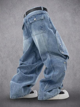 Manfinity Denimwave بنطلون جينز كاجوال فضفاض مهترئ مع تصميم رقعة جرافيكي للرجال