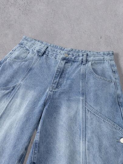 Manfinity Denimwave بنطلون جينز كاجوال فضفاض مهترئ مع تصميم رقعة جرافيكي للرجال