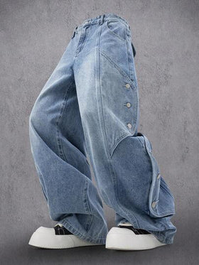 Manfinity Denimwave بنطلون جينز كاجوال فضفاض مهترئ مع تصميم رقعة جرافيكي للرجال