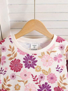 SHEIN مجموعة ملابس منزلية كاجوال للفتيات المراهقات، لباس علوي صوفي ذات رقبة طاقم طويلة الأكمام مع نقشات زهور صغيرة وسروال ضيق