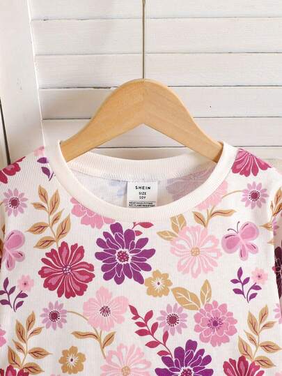 SHEIN مجموعة ملابس منزلية كاجوال للفتيات المراهقات، لباس علوي صوفي ذات رقبة طاقم طويلة الأكمام مع نقشات زهور صغيرة وسروال ضيق