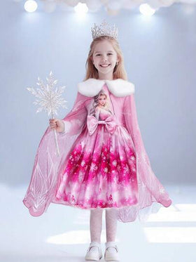 SHEIN Elladie kids طقم فتاة أنيق مكون من قطعتين: فستان أميرة بأكمام طويلة + رداء كيب من الشبك، مناسب للربيع والخريف