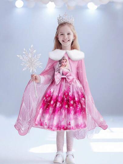 SHEIN Elladie kids طقم فتاة أنيق مكون من قطعتين: فستان أميرة بأكمام طويلة + رداء كيب من الشبك، مناسب للربيع والخريف
