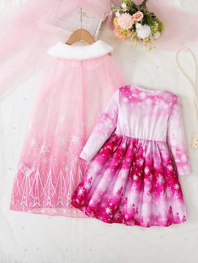 SHEIN Elladie kids طقم فتاة أنيق مكون من قطعتين: فستان أميرة بأكمام طويلة + رداء كيب من الشبك، مناسب للربيع والخريف