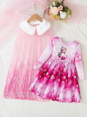 SHEIN Elladie kids طقم فتاة أنيق مكون من قطعتين: فستان أميرة بأكمام طويلة + رداء كيب من الشبك، مناسب للربيع والخريف