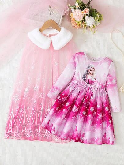 SHEIN Elladie kids طقم فتاة أنيق مكون من قطعتين: فستان أميرة بأكمام طويلة + رداء كيب من الشبك، مناسب للربيع والخريف