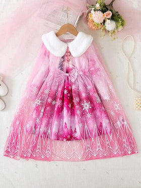 SHEIN Elladie kids طقم فتاة أنيق مكون من قطعتين: فستان أميرة بأكمام طويلة + رداء كيب من الشبك، مناسب للربيع والخريف