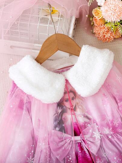 SHEIN Elladie kids طقم فتاة أنيق مكون من قطعتين: فستان أميرة بأكمام طويلة + رداء كيب من الشبك، مناسب للربيع والخريف