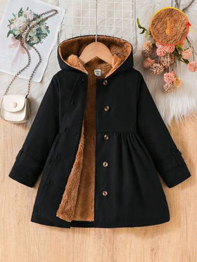 SHEIN معطف أنيق مبطن بالحرارة ذو قلنسوة وأزرار مزدوجة للفتيات الصغيرات، بلون الخاكي، مناسب للارتداء اليومي العادي