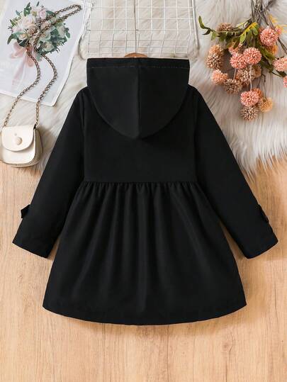 SHEIN معطف أنيق مبطن بالحرارة ذو قلنسوة وأزرار مزدوجة للفتيات الصغيرات، بلون الخاكي، مناسب للارتداء اليومي العادي