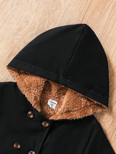 SHEIN معطف أنيق مبطن بالحرارة ذو قلنسوة وأزرار مزدوجة للفتيات الصغيرات، بلون الخاكي، مناسب للارتداء اليومي العادي