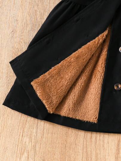 SHEIN معطف أنيق مبطن بالحرارة ذو قلنسوة وأزرار مزدوجة للفتيات الصغيرات، بلون الخاكي، مناسب للارتداء اليومي العادي