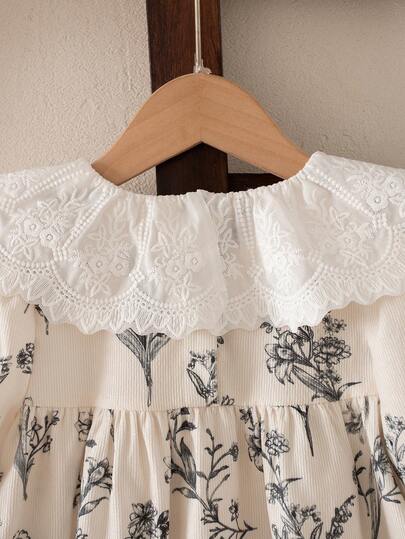 SHEIN Genkimix Kids فستان بأكمام طويلة بتصميم فضفاض مع طبعة زهور صغيرة للفتيات، أساور مطاطية، زهرة على الياقة، تصميم فتحة أمامية، طازج وأنيق للمدرسة والتنقل، متعدد الاستخدامات، للخريف