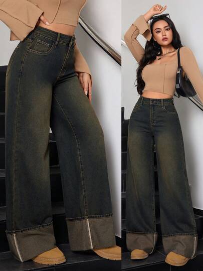 SHEIN Tall جينز نسائي كاجوال مغسول بتصميم فينتاج أنيق مع حافة مطوية وساق واسعة